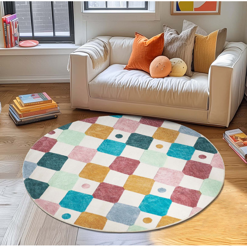 Colorful Diamond for Kids Washable Non-slip Rug, Argyle Confetti, Round 8'