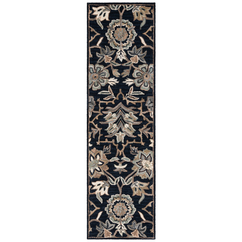 Tapis floral en laine et coton touffeté à la main Bijal - beige / noir, Tapis de couloir 2 pi 3 po x 8 pi