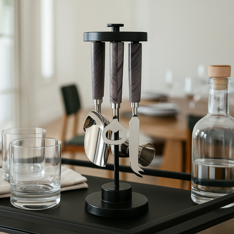 Decorative Bar Tool Set with Stand for Home Decor - Elegant Cocktail Bar Accessories for Dining Room or Kitchen Counter - Set of 5, 13" - Black