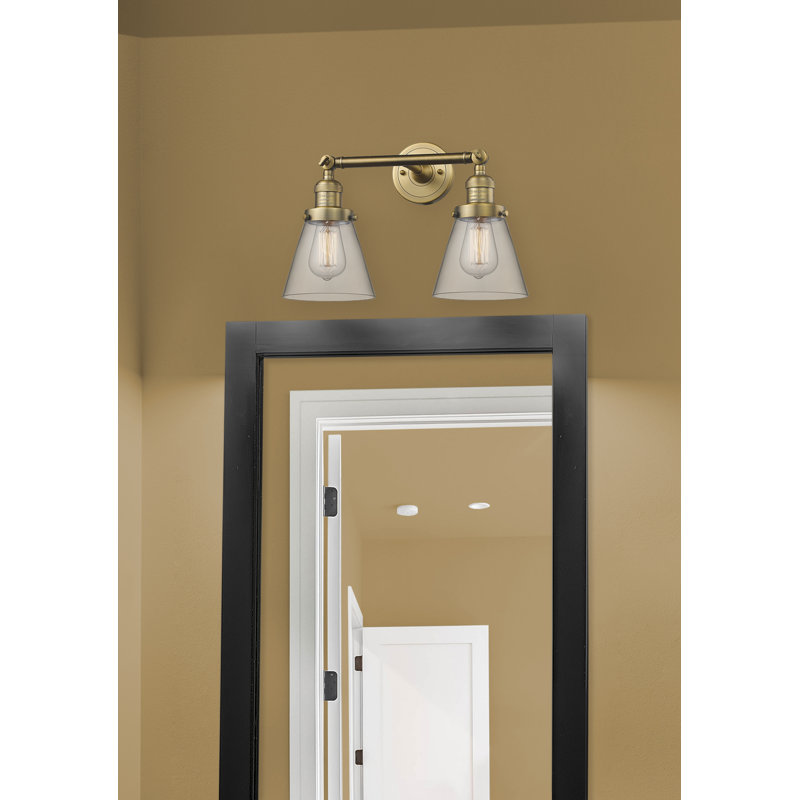 Cone 2 Light Tiltable Bath Vanity Light, 6 Watt Vinage LED Bulb, Clear, Brushed Brass