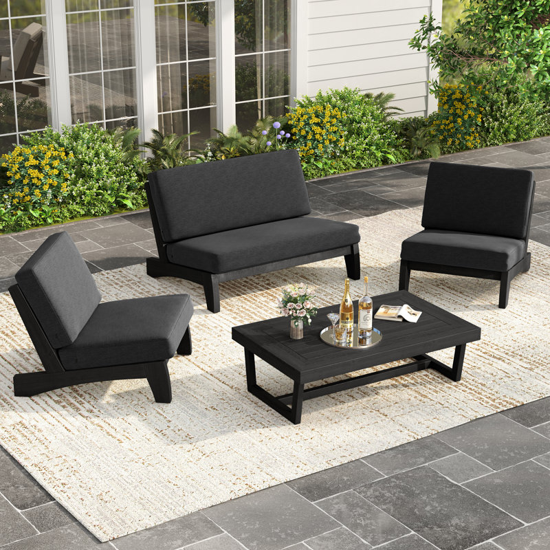 Polett Outdoor Conversation Solid Wood Group With Armless Chair And Loveseat And Coffee Table, Black, Dark Gray