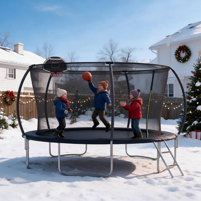 14FT Trampoline for Kids & Adults with Safety Enclosure Net & Basketball Hoop, ASTM Approved Outdoor Backyard Recreational Trampoline