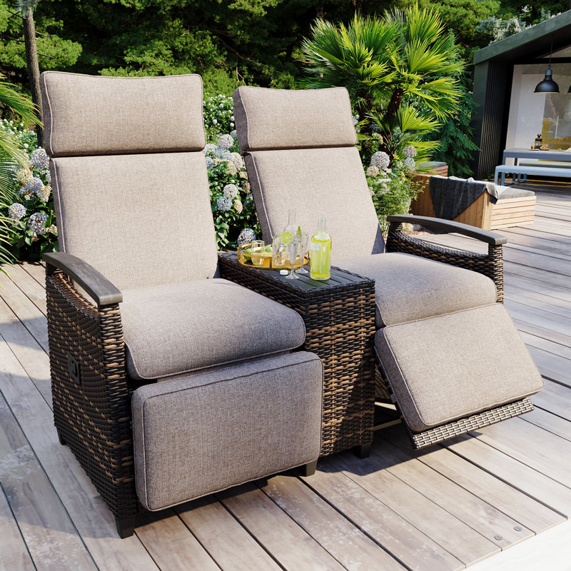 Outdoor Wicker Reclining Loveseat With Storage Table, Beige Cushion/Brown Frame