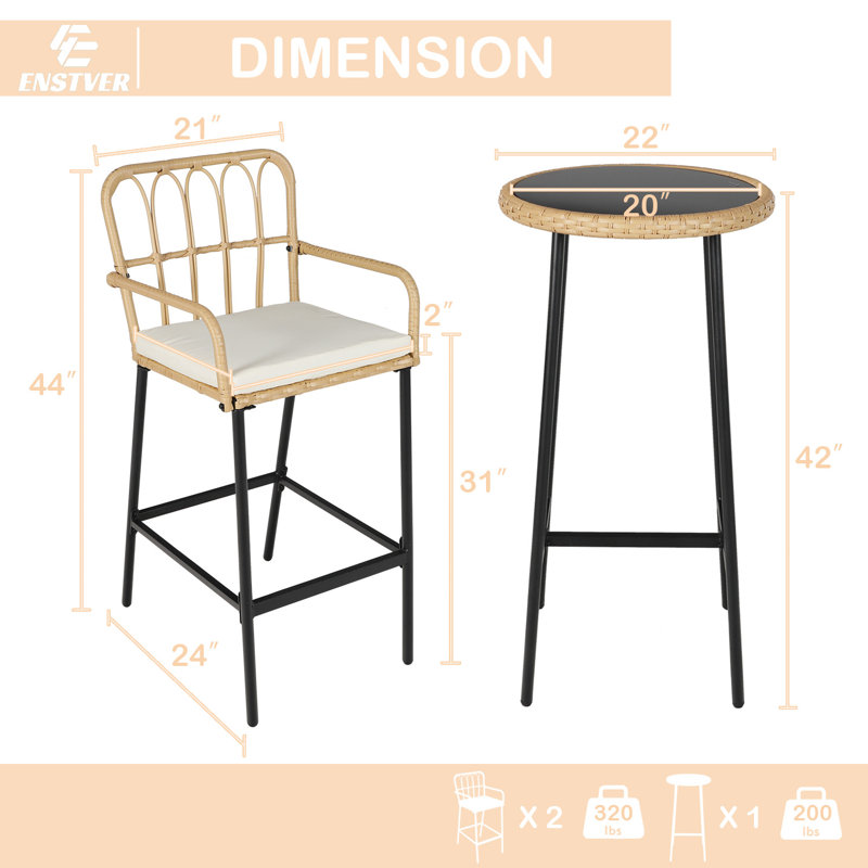 3-Piece Outdoor PE Patio Wicker High Bar Set 