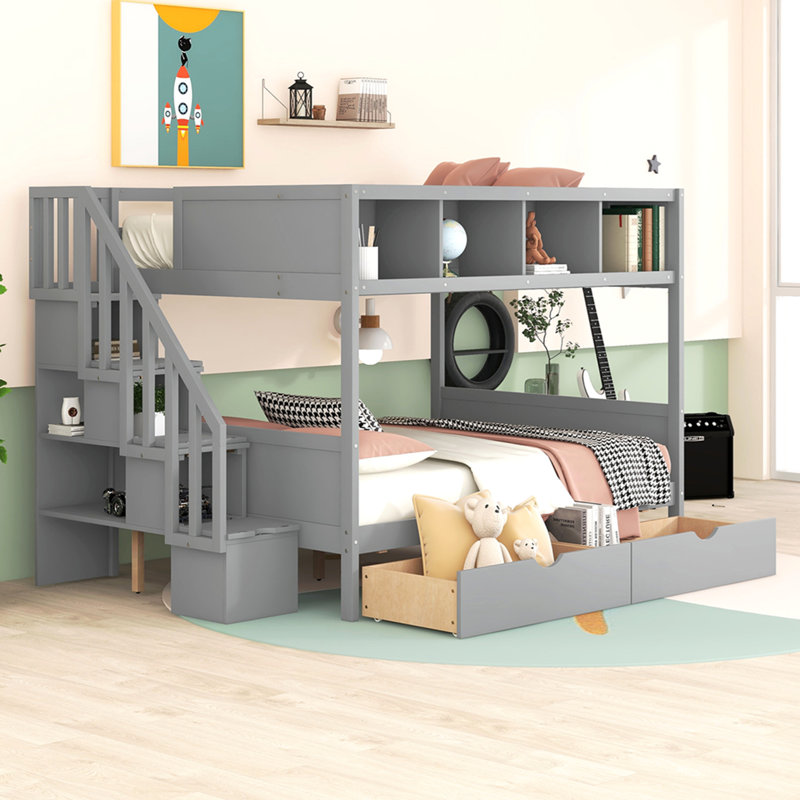 Lit superposé simple au-dessus de double avec tablettes, escalier de rangement et 2 tiroirs, gris