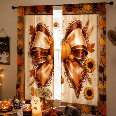 2 pièces rideaux de tournesol de citrouille à arc d'automne, rideaux de fenêtre à thème récolte automne, décoration de cuisine de chambre à coucher de salon