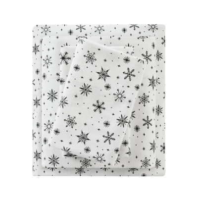 Full Sheet Of 4 Pcs With Black Snowflakes Pattern, 100% Cotton Flannel For Mattresses Up To 18", Soft Brushed Fabric, Fully Elasticized Fitted Sheet, Pre - Shrunk Comfort, Flat And 2 Pillowcases, ,