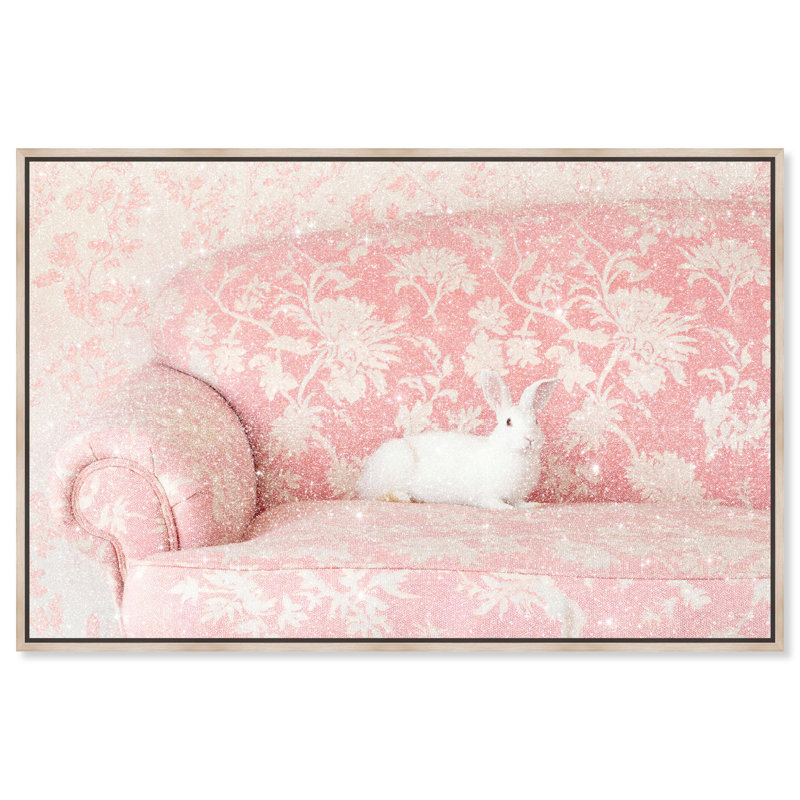 Oliver Gal Baby Bunny Sofa Animals - Diamond Dust Framed Canvas Art, 20" H x 30" W, Cream