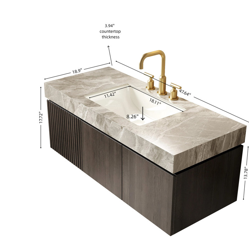 Meuble-lavabo suspendu de 122 cm avec rangement, tiroir, portes, pierre frittée grise, lavabo en céramique, 3 trous pour robinetterie, contreplaqué, pré-assemblé.