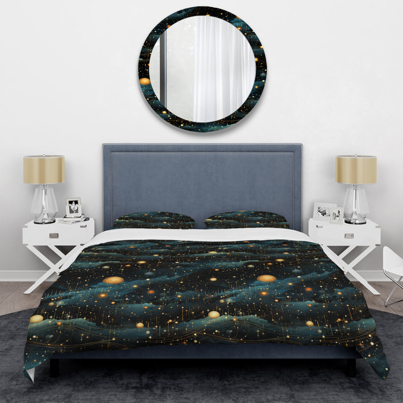 Celestial Constellations Planet Pattern I Box Stitch Abstract Duvet Cover Set, King Duvet Cover + 2 King Shams
