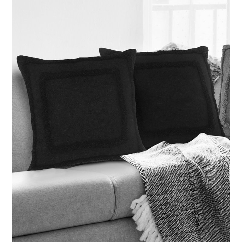 Casual Textured Border Cotton Pillow Set of 2, Black