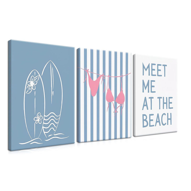 Trendy Coastal Beach Canvas Wall Art Set Of 3, Blue Preppy Bikini Surfing Wall Decor Paintings, Summer Shells Meet Me At The Beach Posters Prints Pictures For Dorm Bathroom Framed