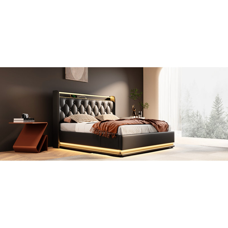 360 Led Hydraulic Storage Queen Size Upholstered Bed In Black Pu With Type-C Led, & Entrance, Queen