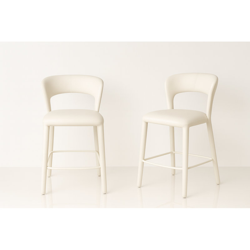 Set Of 2 Faux Leather Counter Height Stools With Open Back, Arched Silhouette And Footrest, Cream White