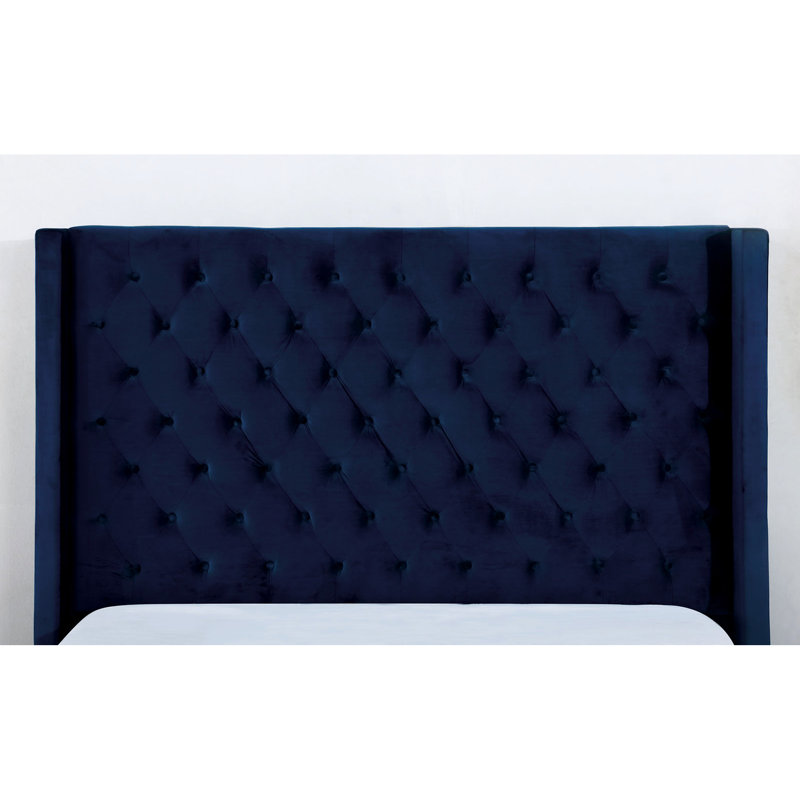 Base de lit grand bleu marine, style transitionnel, revêtement en velours, entièrement rembourré, tête de lit à boutons avec motif à losanges et surpiqué moderne, sur