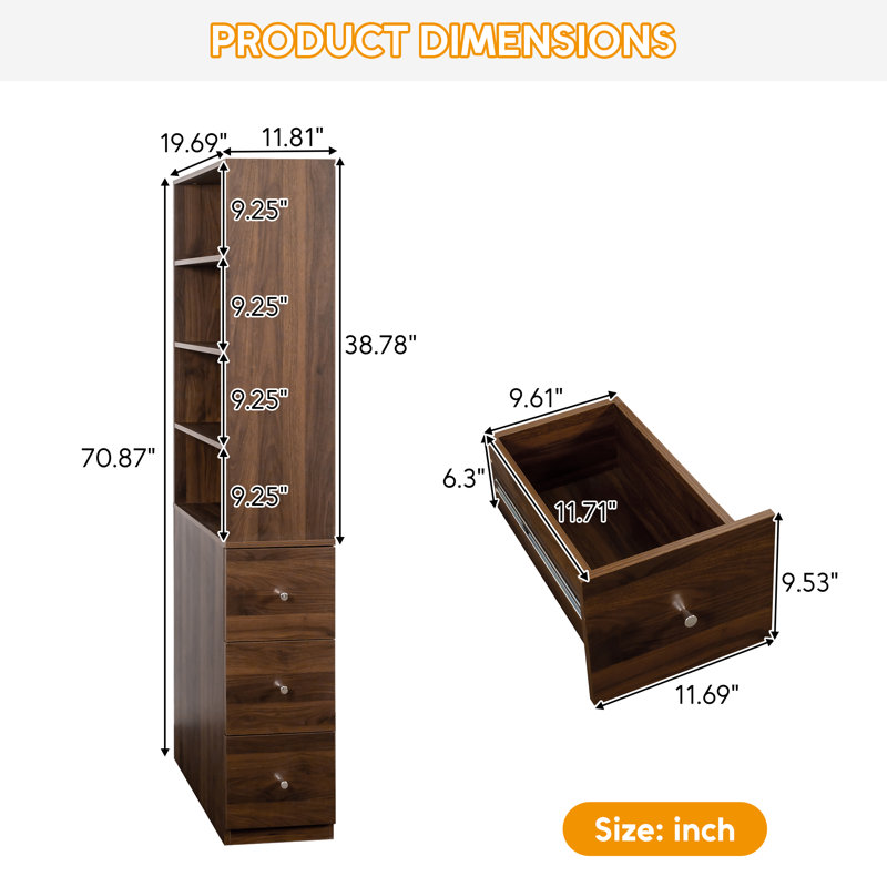 Grande bibliothèque moderne minimaliste, armoire de rangement autoportante de 71 pouces avec 4 tablettes et 3 tiroirs latéraux, organisateur de présentation en noyer / blanc pour le bureau du salon