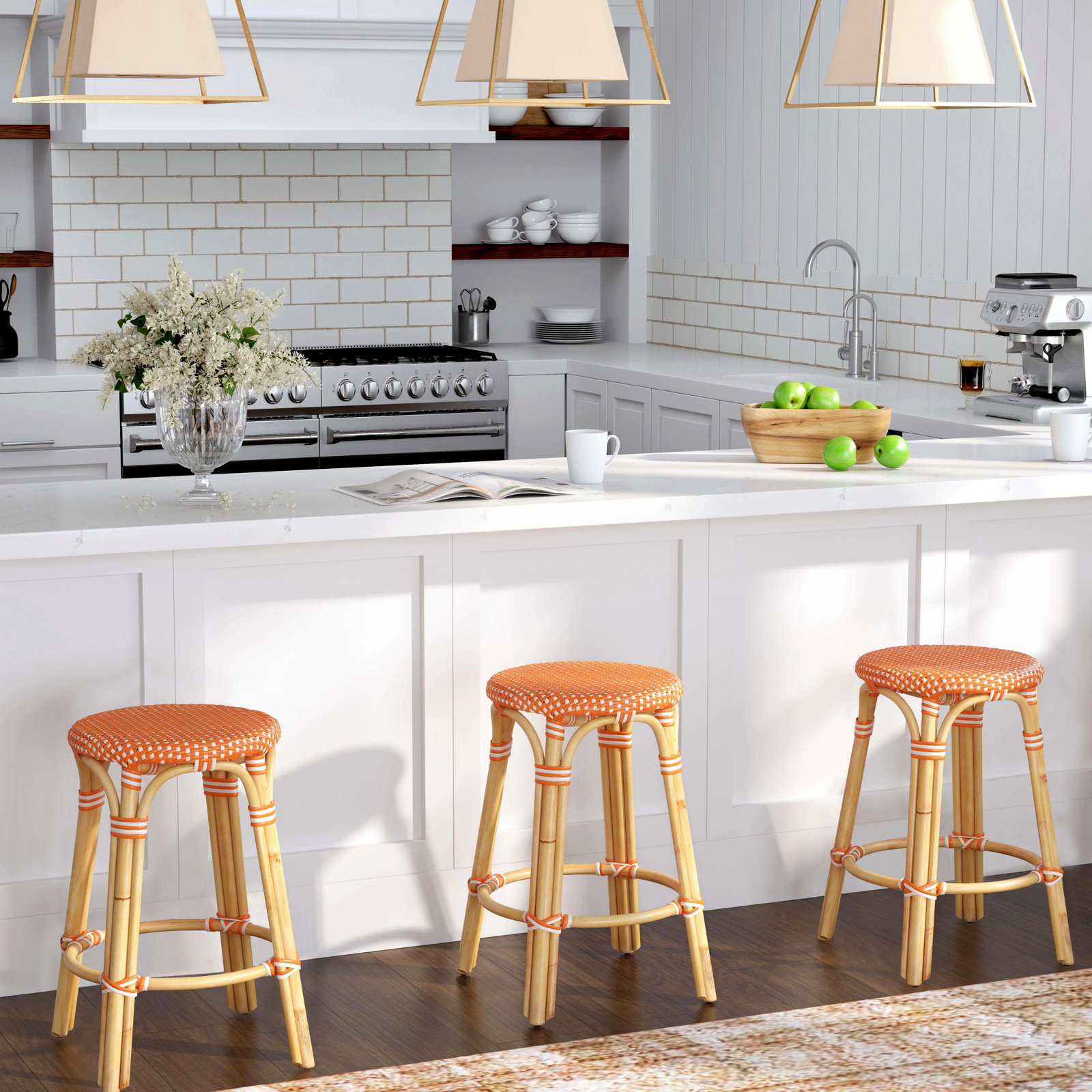 Alastair Bar & Counter Stool, Counter Stool (24" Seat Height), Orange/White Dot/Natural Rattan Frame