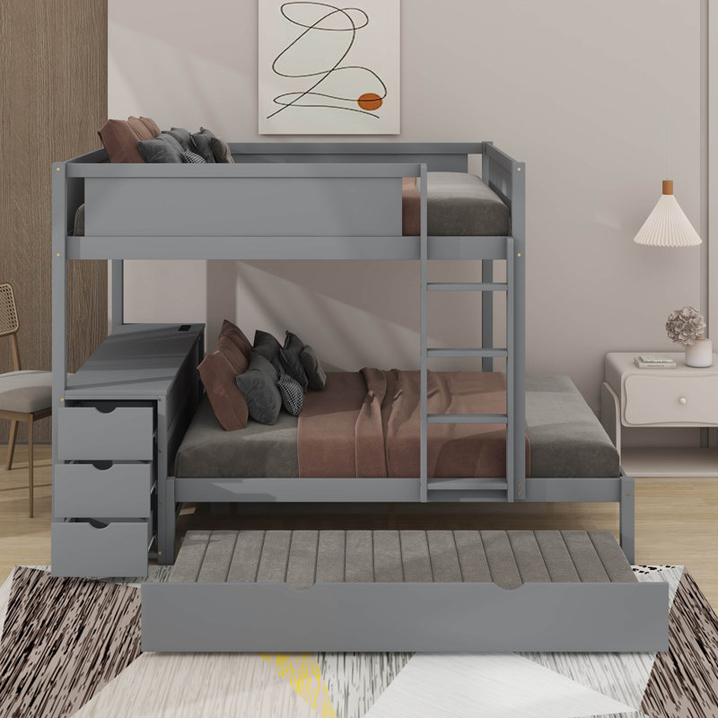 Lit superposé avec lit gigogne, rangement et bureau, Gris, Lit superposé double sur double