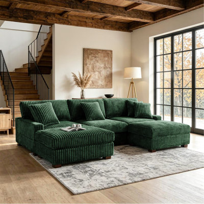 5 - Piece Upholstered Green Faux Rabbit Fur Flannel Modular Sectional Sofa with Throw Pillows & Removable Ottomans