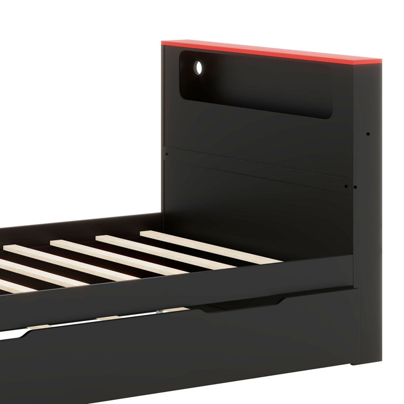 Modern Wood Daybed with Trundle & Integrated Desk - LED Light + USB Charging, Twin, Black+Red