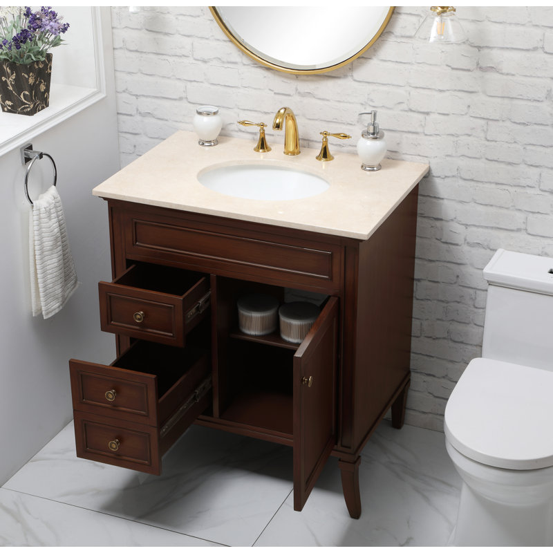 Teak and Cream 32'' Single Bathroom Vanity with Ceramic Sink