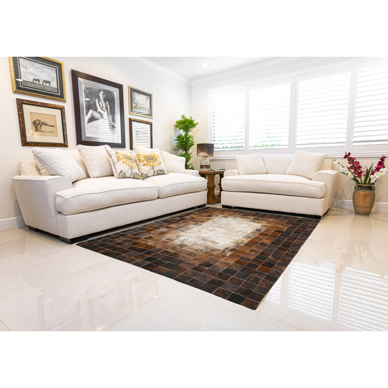 Tapis brun / gris / noir en cuir de vache fabriqué à la main Bilderback, Rectangulaire 9 pi x 11 pi