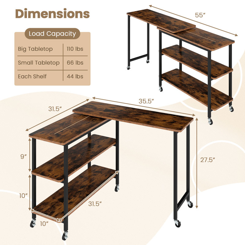Ercan L-Shaped Metal Base Writing Desk, Rustic Brown/Black
