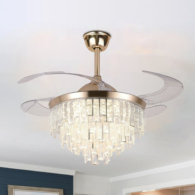 42"" 4 - Blade Gold Retractable Blade Chandelier Ceiling Fan With Remote Control And Light Kit Included, Crystal Decorated Ceiling Fan -  Everly Quinn, 1F567B777C5647019FFDEEB822356221