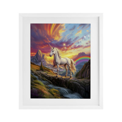 Unicorn with Sunset Rainbow Framed Print Under Glass, design by Jim Baldwin