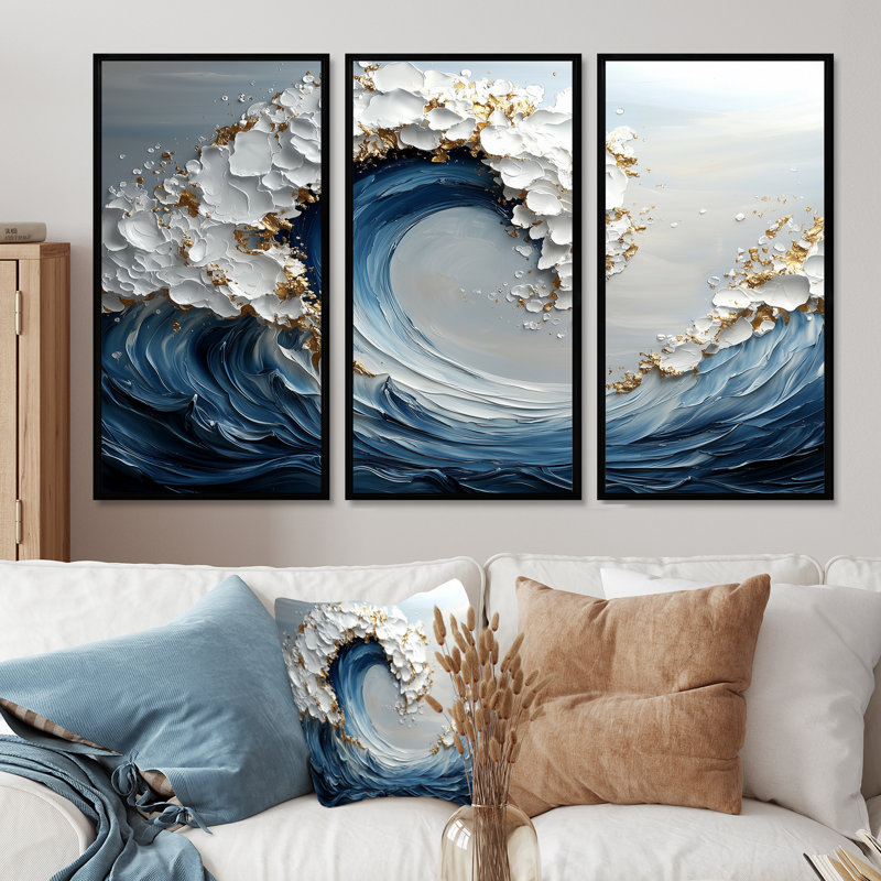 Ensemble de salon art mural bleu et blanc, Toile avec cadre flottant noir, H 32 po x l 48 po x P 1 po