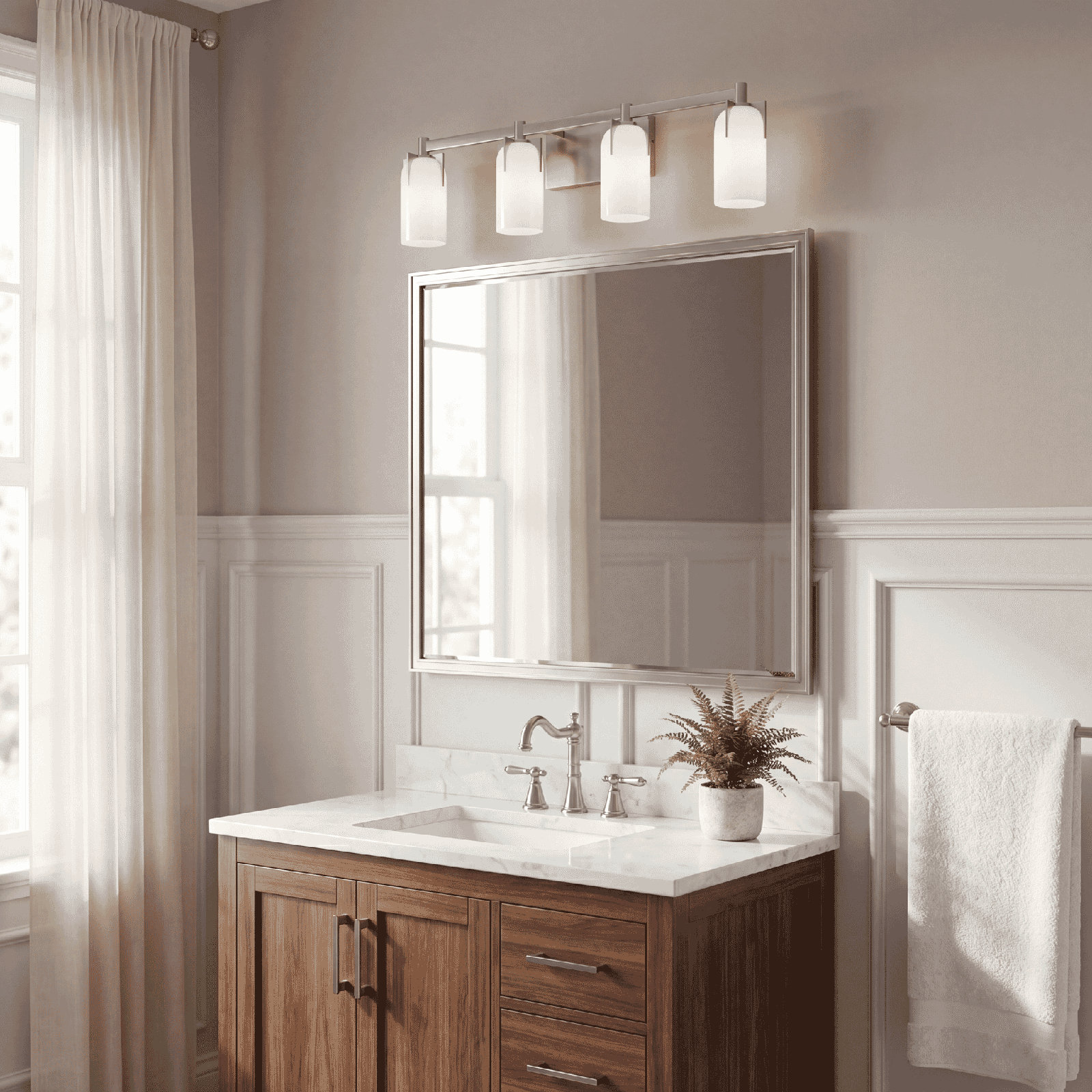 Irela Bath Sconce, 8.5" H x 32" W x 32" D, Satin Nickel, 4 Lights