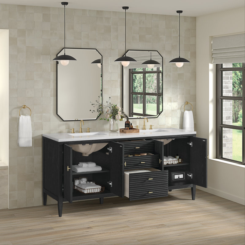 Myrrin 72'' W Double Vanity, Carbon Oak, Parisian Blue, 8" Widespread