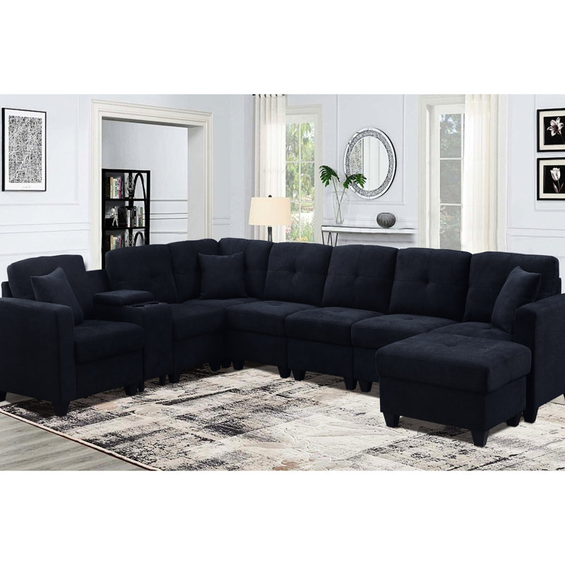 Dark Blue Sectional 7 Microfiber Soft Touch High Skin- Cushions Two Cup Holders Solid Wood Frame Velvety Fabric For Stability