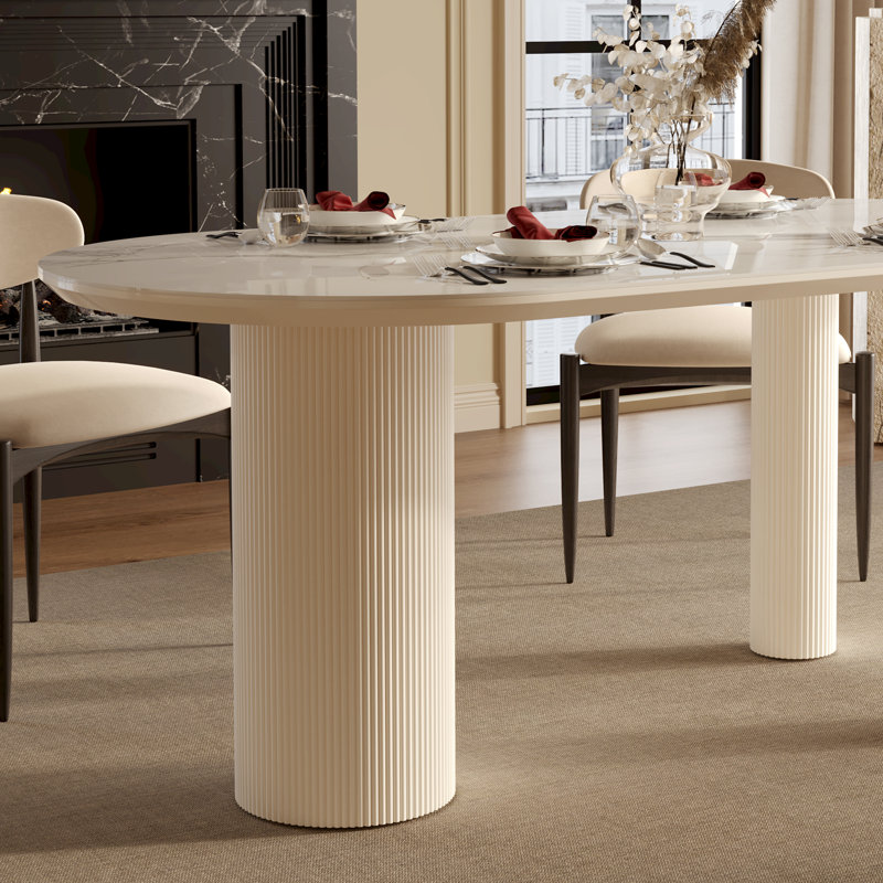 Lexly Pedestal Modern Cream Color Dining Table, Roman Column, 35.4'' W x 71'' L