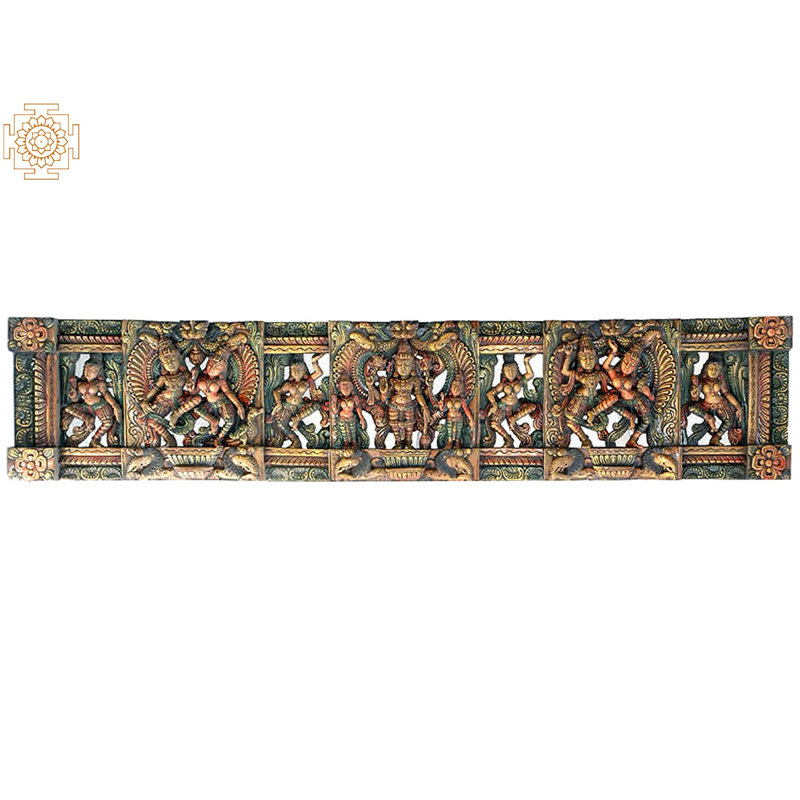 Panneau de temple de Vishnu en bois sculpté à la main, art mural sacré de style indien du sud de 72 po de long pour le salon et l'espace de méditation
