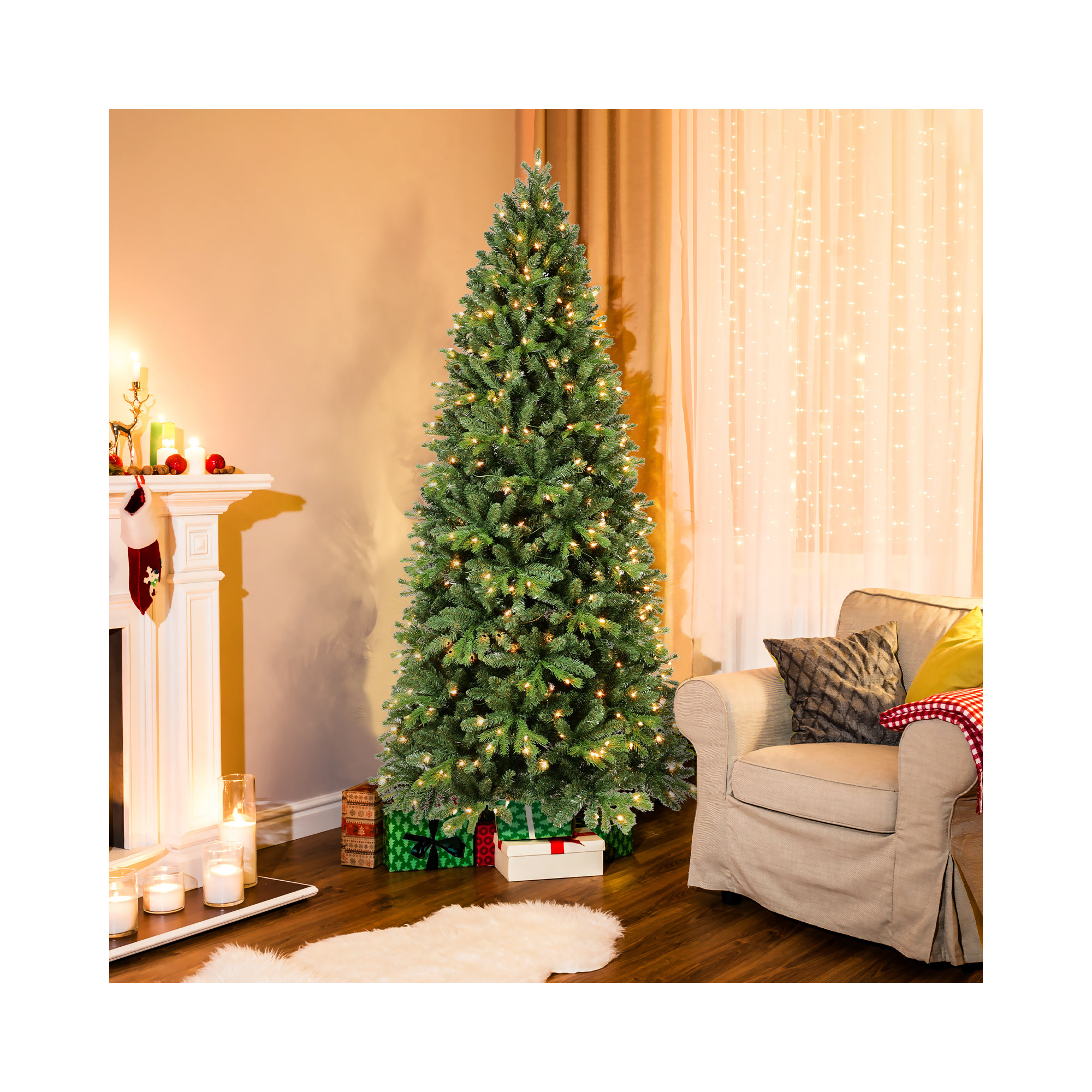 Pre-lit Christmas Tree Artificial Pencil Christmas Trees - Hinged Spruce Xmas Tree With Warm Lights, Pe&pvc Mixed Branch Tips, Metal Stand&easy Assembly