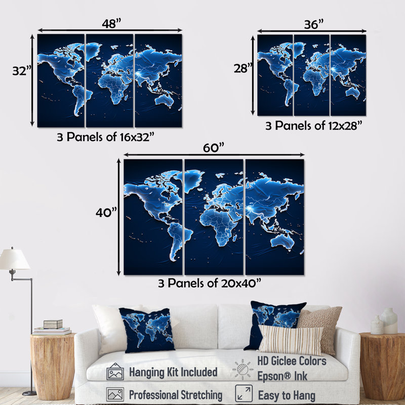 Majestic Meridians Blue World Map - ensemble de salon mural carte du monde, H 40 po x l 60 po x P 1 po