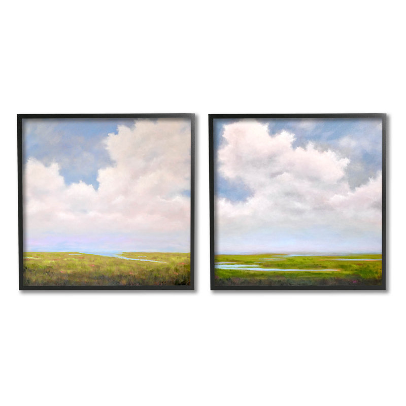 «Panoramic Clouds over Bay» par Catherine Andersen - Ensemble de 2 peintures sur bois, Giclée encadrée noir minuit