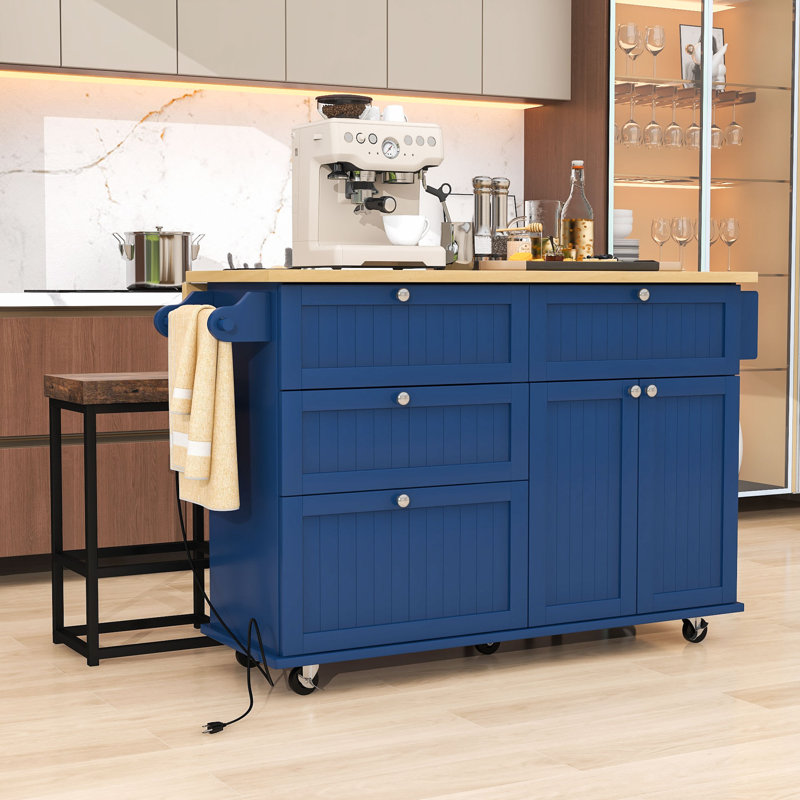 Rosauro Kitchen Islands with Storage Cabinet, 4 Drawers and Towel Rack, Blue