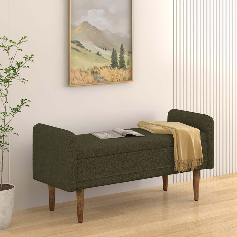 linen fabric Storage Ottoman Bench For Entryway, Green