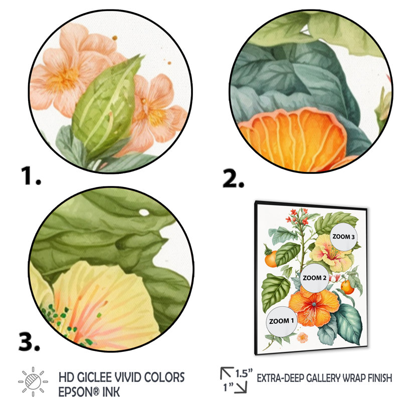 «Blossiming Yellow Retro Hibiscus I - Floral Hibiscus, art mural sur toile, Cadre photo noir, H 20 po x l 12 po x P 1 po