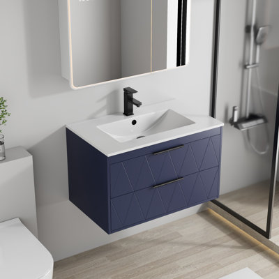 Ensemble de meuble-lavabo mural simple Sharee avec comptoir d'évier, robinet et drain en alliage de zinc, armoire flottante avec tiroirs à fermeture en douceur