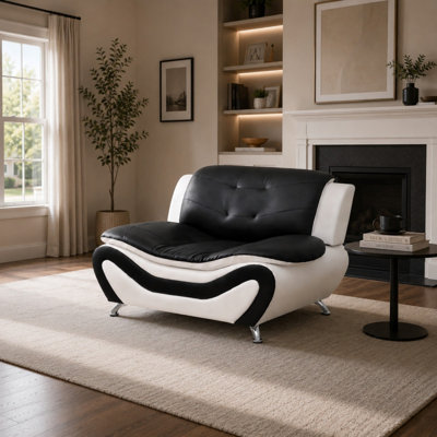 Fauteuil simple en similicuir, fauteuil club moderne avec assise profonde et design capitonné pour le salon et la chambre à coucher, noir