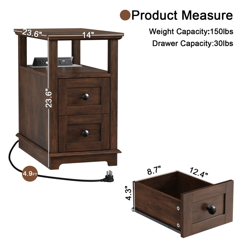2 Drawers Bedroom Nightstands with Storage and Fast Charging Station, Cherry, Set of 2