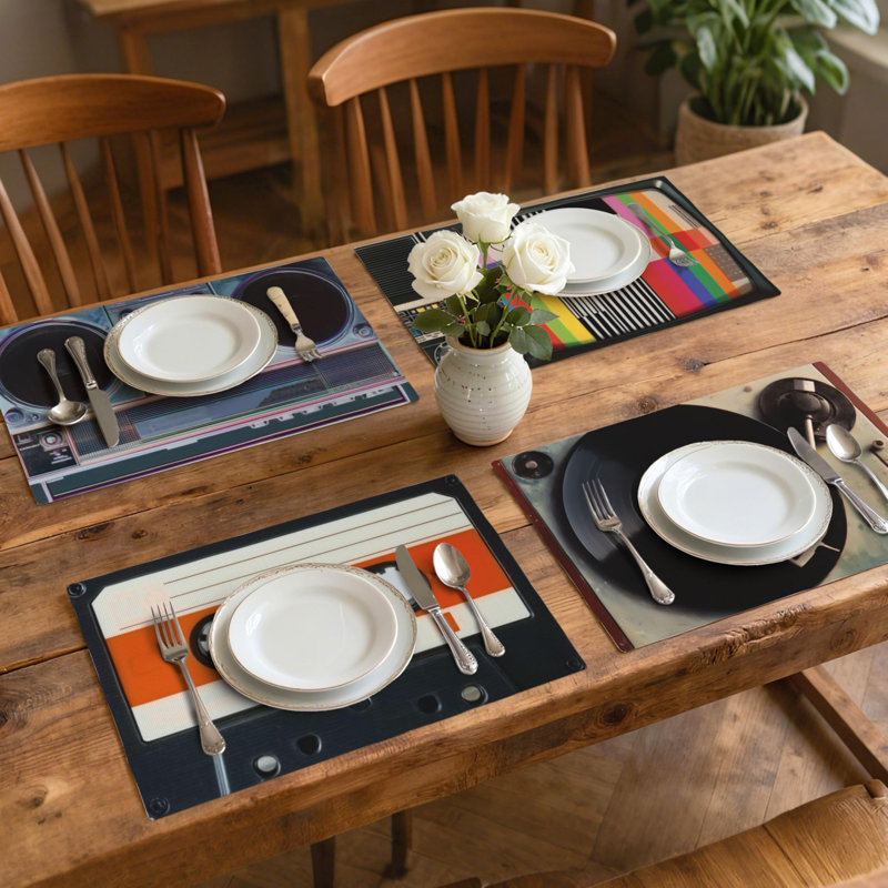 Ensemble de 4 napperons de table napperons rectangulaires en lin essuyables et imperméables pour dîner de cuisine (disques de cassettes rétro)