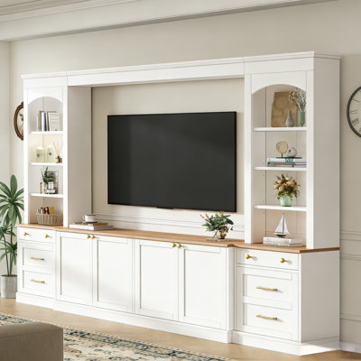 106" Farmhouse Arched Entertainment Center for TVs up to 70", Large Wall Unit with Bookshelves, Storage Cabinets & Drawers