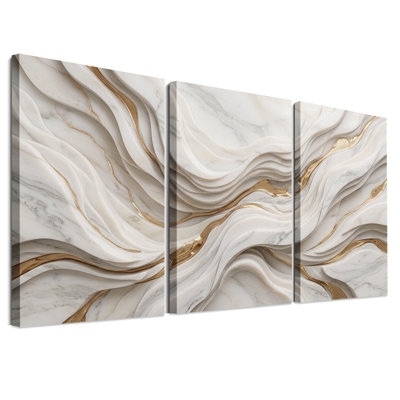 Abstract White Marble Waves with Gold Veins Set Of 3 Canvas Wall Art