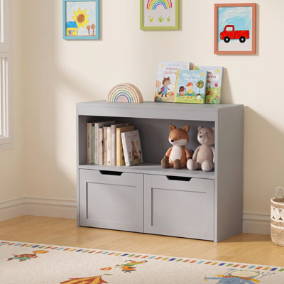 Kids Storage Cabinet with Open Compartment and 2 Pull-Out Drawers, Wooden Toy Organizer Bookcase, Freestanding Children Storage Chest for Nursery, Playroom, Kids Bedroom