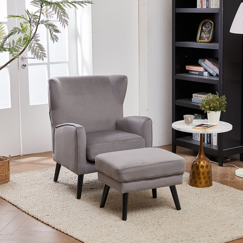 Upholstered Wingback Chair with Footstool, Grey Velvet