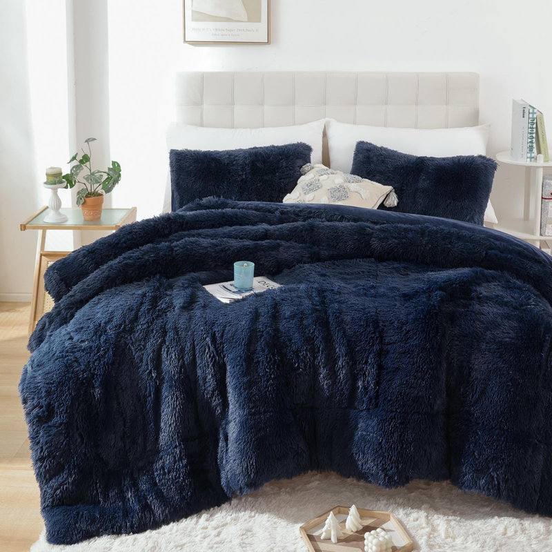 Fluffy Comforter Set 3 Pieces- All Seasons Luxury Fuzzy Comforter With Two Pillowcases, Navy Blue